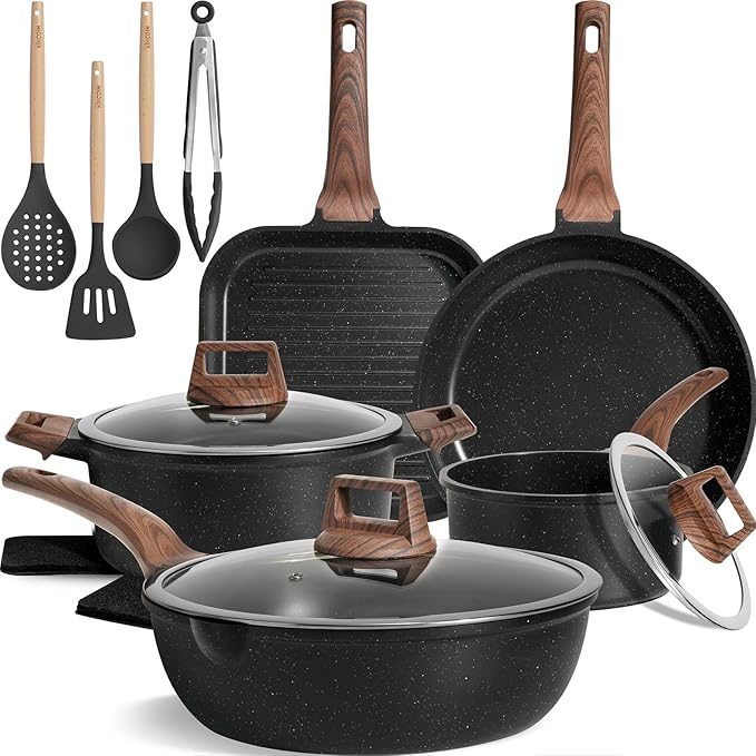 Kikcoin 16Pcs Ceramic Pots and Pans Set Non Stick, Includes a 9.5" Grill Pan, Induction Kitchen Cookware Sets, Black Nonstick RV Kitchen Camping Cooking Sets Stackable (PTFE, PFOS, PFOA Free)