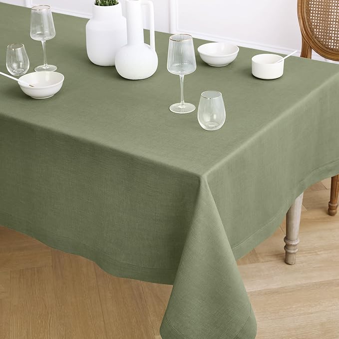 Solino Home Linen Tablecloth 60 x 108 Inch - 100% Pure Linen Oil Green Table Cloth for Rectangle Tables - Fete, Machine Washable Tablecloth for Christmas, New Year