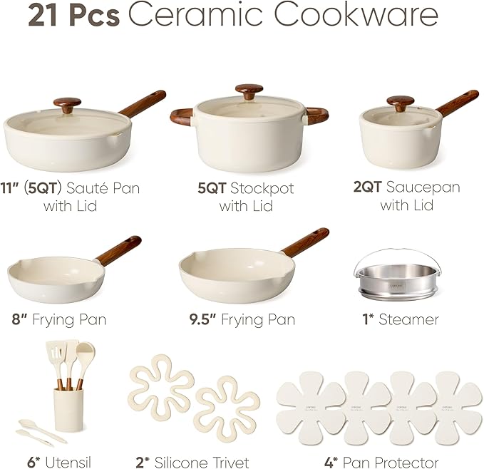 CAROTE 21pcs Cookware Set Nonstick Pots and Pans Set, Ceramic Cookware Set Induction Cookware, Non toxic Healthy Non Stick Kitchen Cooking Set, PFAS PTFE Free, White