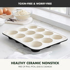 GreenPan Bakewell 12-Cup Muffin Pan, Healthy Ceramic Nonstick Bakeware, PFAS-Free Cupcake Mold, Durable Baking Tray, Versatile Kitchen Essentials, Easy Clean Ovenware, Black