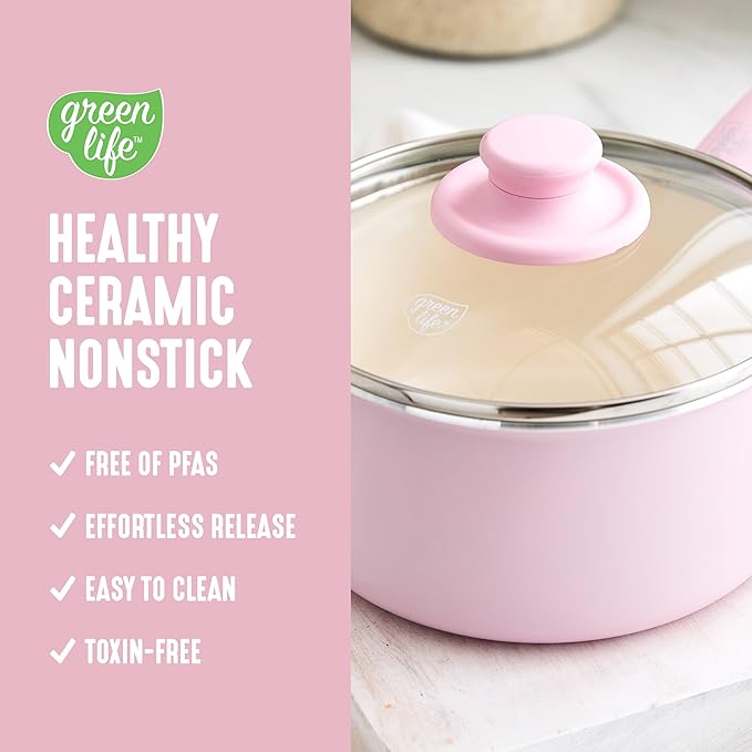 GreenLife 2.5QT Nonstick Saucepan with Glass Lid, Soft Grip, PFAS-Free Ceramic, Multipurpose Chef Pan, Milk & Sauce Cooking Pot, Dishwasher & Oven Safe to 350˚F, Stay-Cool Handle, Pink
