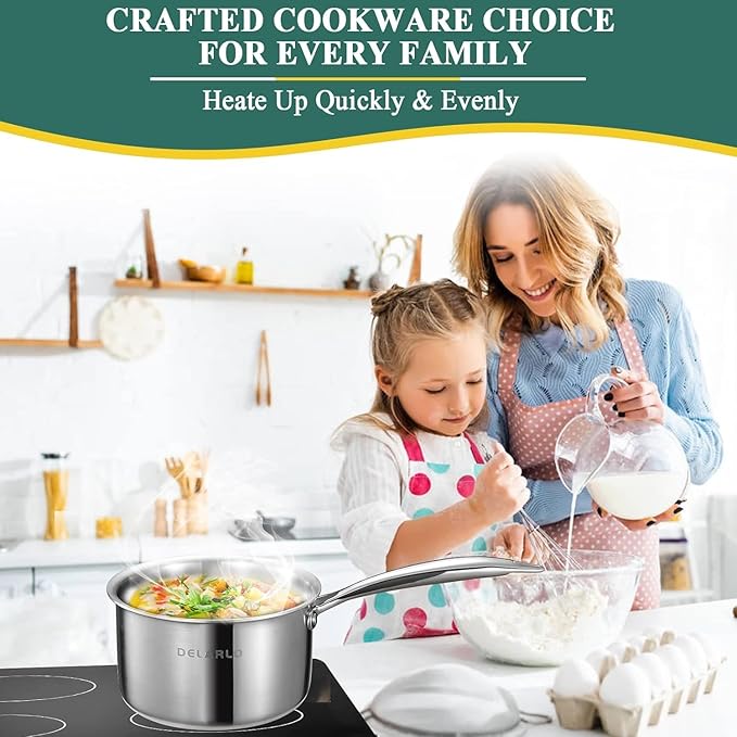 DELARLO Stainless Steel Small Brushed Saucepan With Lid, Induction Cooking Sauce Pot Pan, Full-body Clad Tri-Ply Heavy Duty Saucier Cookware, Dishwasher Safe & Oven Safe(2 Quart)