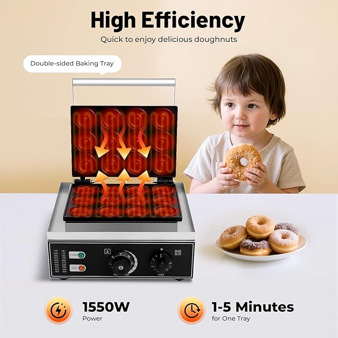 Commercial Waffle Donut Machine, 110V 1550W Electric Donut Maker w/Non-stick Surface, Temperature 122-572℉, 12 Holes Double-Sided Heating Doughnut Waffle Maker for Home Bakery Mall (12 Donut Holes)