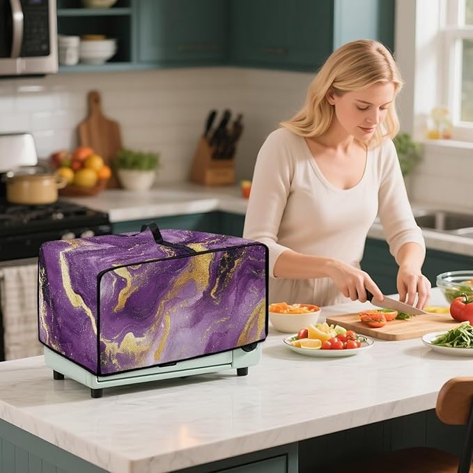 Marble Print Toaster Oven Cover, Dust-proof Heavy Duty Toaster Oven Cover for kitchen, Air Fryer with Accessory Pockets, Gold Violet, (Small-14.5*18.46*9 inches)