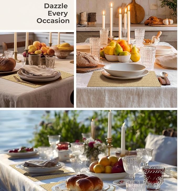 Leetaltree Luxury Gold Sequin Placemats Set of 4 - Waterproof Washable for Wedding, Anniversary, Daily Use - Sparkling Table Decor -Hand-Cut