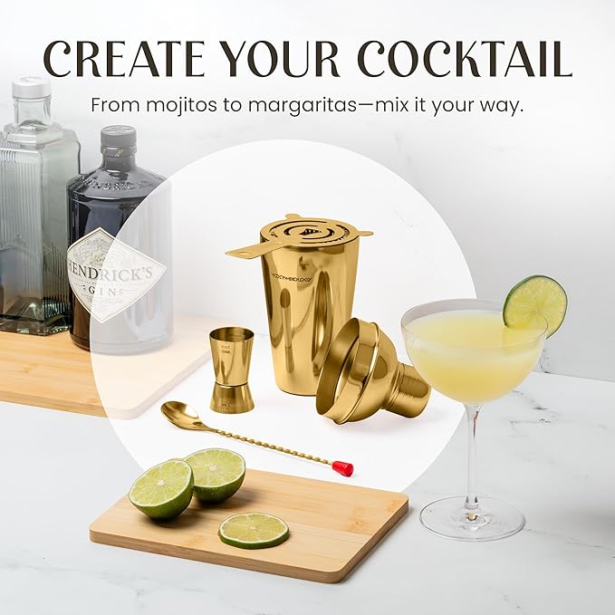 Modern Mixology Cocktail Shaker Set - Bartender Kit with Pine Stand | Leak-Proof Design | Includes Martini Shaker, Jigger, Strainer, Spoon, Tongs | Perfect Bar Tools Gift for Home Mixology (Gold)
