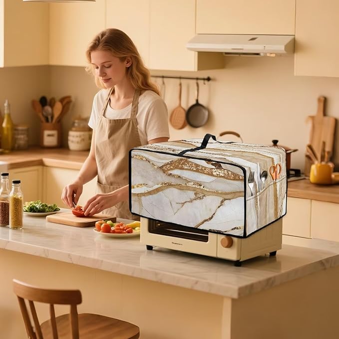 Marble Print Toaster Oven Cover, Heavy-Duty Dust Shield Kitchen Decorative Countertop Oven Protector, Microwave Air Fryer Cover, Light Gold White, (Small-14.5*18.46*9 inches)