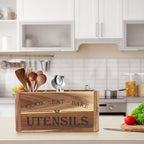 Utensil Holder for Kitchen Countertop - Extra Large 3 Compartment Wooden Organizer in Acacia Wood, Storage for Cooking Tools and Cutlery, Farmhouse Style for Home Cooking