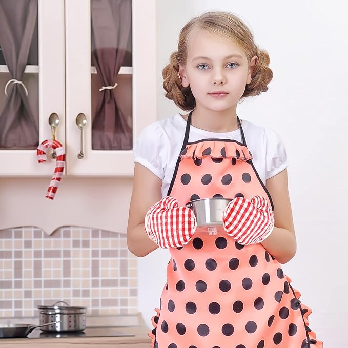 12 Pcs Kids Oven Mitts Toddler Oven Mitts Children Heat Resistant Kitchen Mitts Checkered Kitchen Oven Gloves Kids for Cooking Baking Microwave Child Play BBQ Grilling, Age 2-10(Red, Pink, Blue)