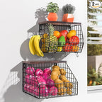 Fruit and Vegetable storage, 2 Set Wall Mounted Wire Baskets, Fruit Basket for Kitchen Counter, Hanging Fruit Basket, Potato Onion Basket, Wire Basket for Organizing, Countertop Organization Pantry