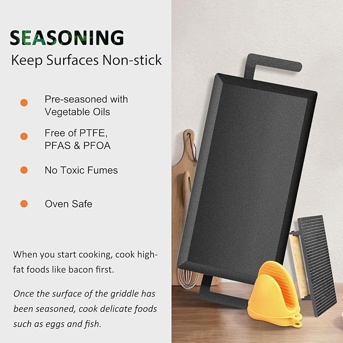 Universal Large Carbon Steel Griddle for Outdoor Gas Grill, Induction, Gas/Electric Stove, and Oven, Double Burner Griddle Comes with Grill Press, Pre-seasoned Nitride Coating Process