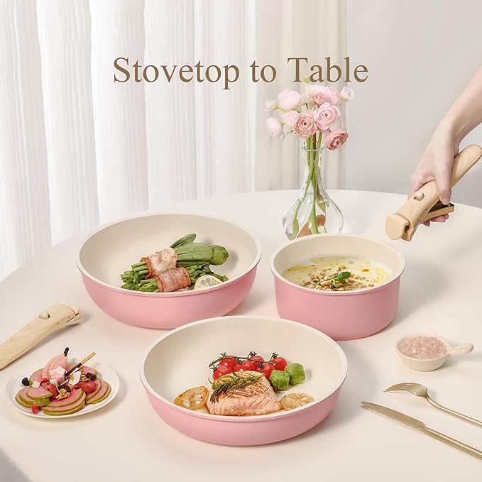 CAROTE Pots and Pans Set, Nonstick Cookware Set Detachable Handle, 19pcs Induction Kitchen Cookware Sets Non Stick with Removable Handle, RV Cookware Set, Oven Safe, Pink