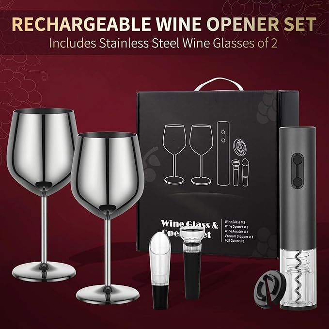 Electric Wine Opener Set Rechargeable, Automatic Corkscrew Kit, Including Stainless Steel Wine Glass of 2, Silver, Ideal Gift for Wedding, Wine Lover, Birthday, Girl, Men
