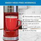 Kenmore Single Serve Coffee Maker – 6–12 Oz Brew Sizes, Compatible with Keurig K‑Cup Pods & Ground Coffee, One Cup Brewer, Travel Mug Friendly, Auto Shut‑Off, Hot & Iced maquina de cafe, Red