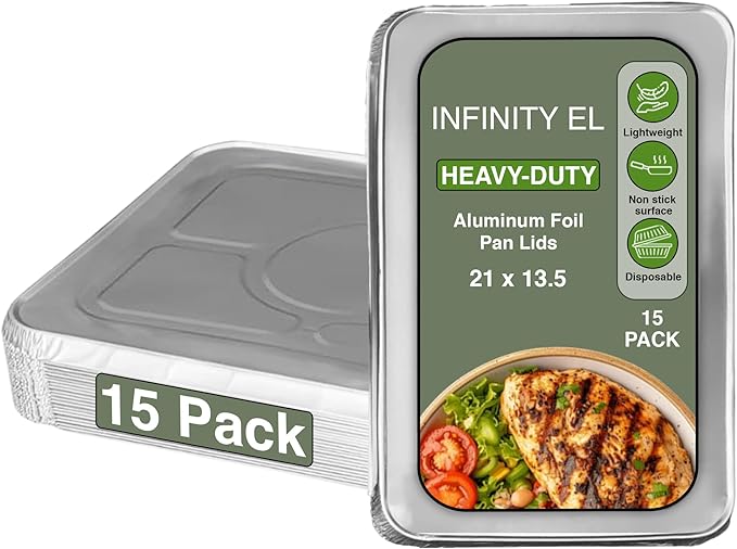 INFINITY EL Disposable Aluminum Foil Pan Lids 15 Pack | Full Size 21" x 13.5" Insulated Foil Pan Lids | Heavy Duty Aluminum Foil Lids for Catering, Food Storage, Turkey, Lasagna, Parties & Meal Prep