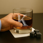 On The Rox (K-Monogram)- 4 Piece Set of 11 Ounce Engraved Heavy Base Rocks Whiskey Glasses Elegant Glass-Bourbon Multi-Purpose Beverage-Rocks Glass- Gift for any Occasion Drinks