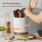 DOWAN 360° Rotating Extra Large Cooking Utensil Holder, 7.6" Kitchen Utensil Holder for Countertop, Utensil Crock for Farmhouse Kitchen Decor, Ceramic Stable Utensil Caddy, White Text