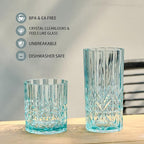 BELLAFORTE Shatterproof Tritan Plastic Short Tumbler, Set of 4, 13oz - Myrtle Beach Unbreakable Crystal Cut Old Fashioned Drinking Glasses for Whiskey - BPA Free - Dishwasher Safe - Teal