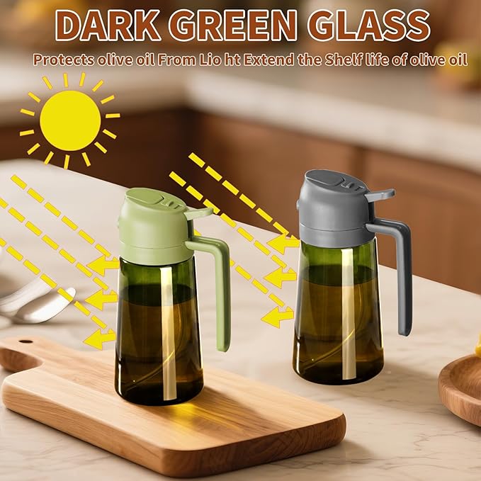 SWEET VIEW 2PCS Olive Oil Dispenser and Oil Sprayer – 16oz/470ml Glass Light-Proof Oil Pourer for Kitchen Air Fryer, Cooking, Salad, and BBQ, with Stickers