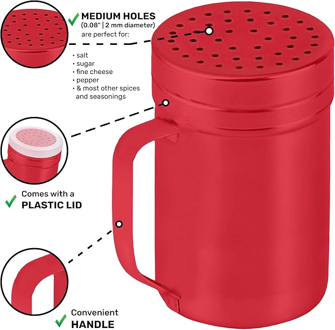 CUSINIUM 14oz Red Stainless Steel Salt Pepper Dredge Shakers - With Plastic Cap - With Handle - Pack of 2