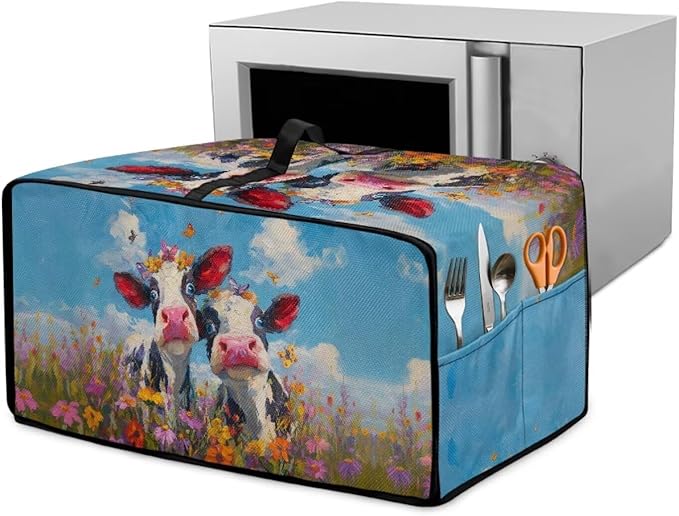 Cow Butterfly Flower Print Toaster Oven Cover, Dust-proof Heat-resistant Air Fryer Cover with Accessory Pockets, Kitchen Small Appliance Protector, (Large-18.5*22.5*12.99 inches)