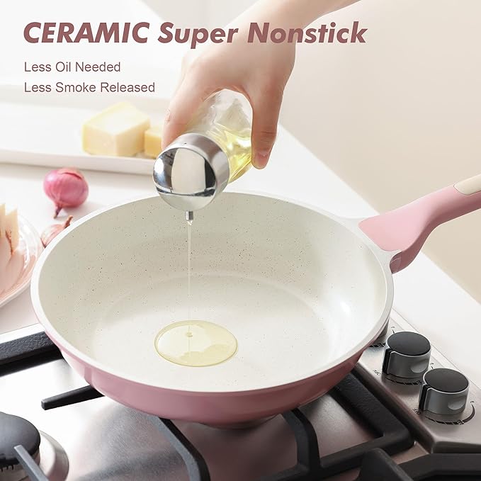 SENSARTE Nonstick Ceramic Cookware Set Large 13-Piece, Healthy Pots and Pans Set Dishwasher Safe, Non-toxic Kitchen Cooking Set with Stay-Cool Handles, Induction Compatible, PFAS Free, Pink