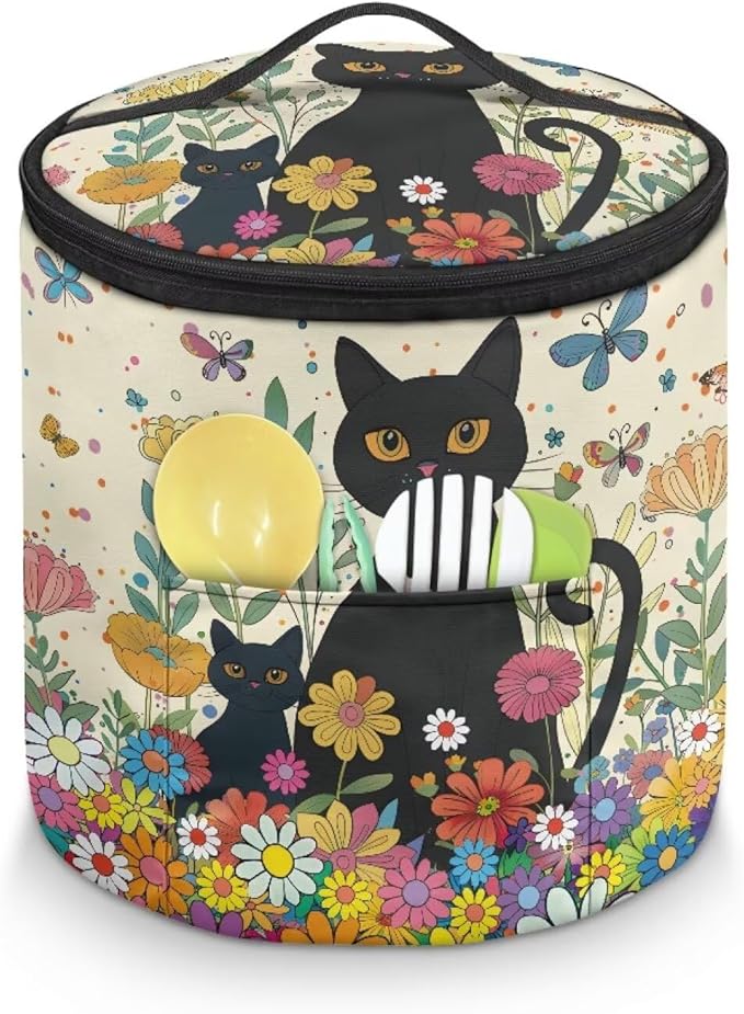 Black Cat Electric Pressure Cooker Insulation Bag Hippie Flower Insulation Electric Cooker Storage Handbag for Housewarming