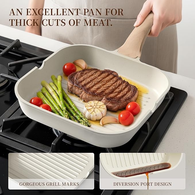 Kikcoin 16Pcs Ceramic Pots and Pans Set Non Stick, Includes a 9.5" Grill Pan, Induction Kitchen Cookware Sets, White Nonstick RV Kitchen Camping Cooking Sets Stackable (PTFE, PFOS, PFOA Free)