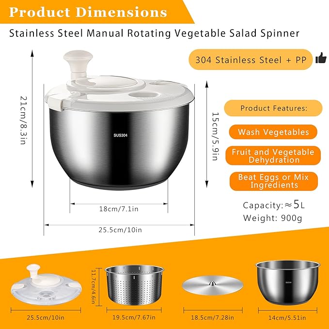 Salad Spinner Stainless Steel, Metal Salad Spinner, Salad Spinner Large, 6l With Pp Cover, Essential Kitchen Tool for Dehydrating Lettuce, Fruits and Vegetables, Pasta, and French Fries