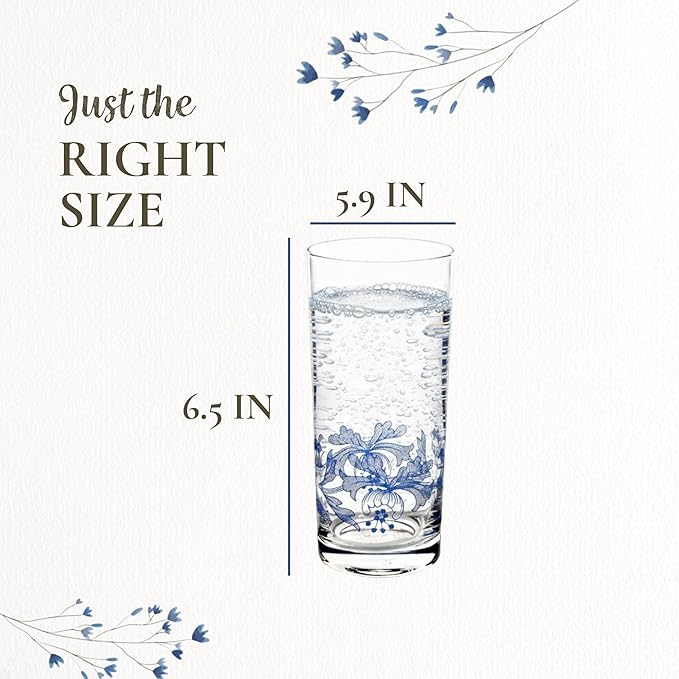 Spode Blue Italian Highball Glasses | Set of 4 | 15 Ounce Capacity | Tall Glasses for Drinking Cocktails, Mojito, Scotch, Water, and Juice | Handwash Only