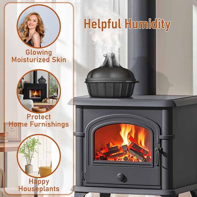 Wood Stove Steamer & Woodstove Steamer Stove Humidifier Cast Iron,2.4 Qt Round Fireplace Humidifier & Simmer Pots with Heart-shaped Vent At The Top Covers (Round-2)