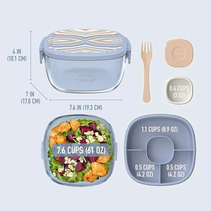 Bentgo Glass Prints All-in-One Salad Container - 61oz Tinted Glass Salad Bowl with Lid, Bento-Style Tray, Sauce Container, & Reusable Fork - Dishwasher & Microwave Safe (Wildly Chic - Soft Blue)
