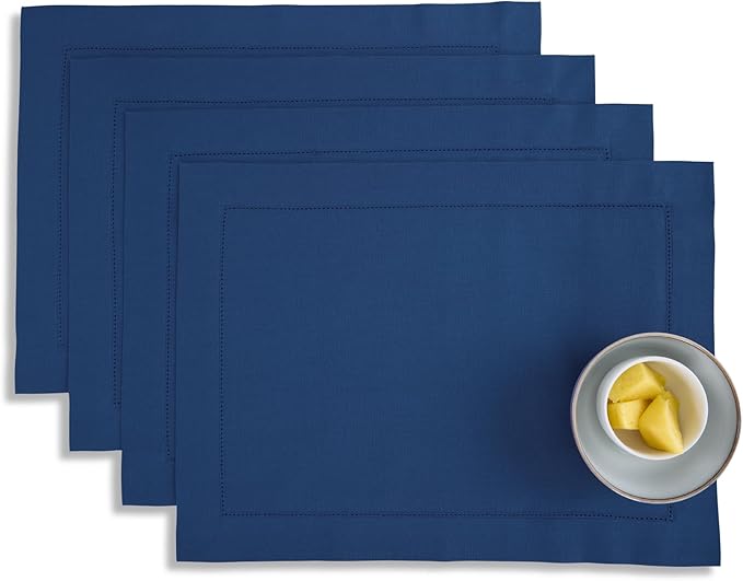Solino Home Cotton Linen Placemats Set of 4 - Hemstitch Lapis Blue Placemats 14 x 19 Inch - Machine Washable Table Mats for Winter