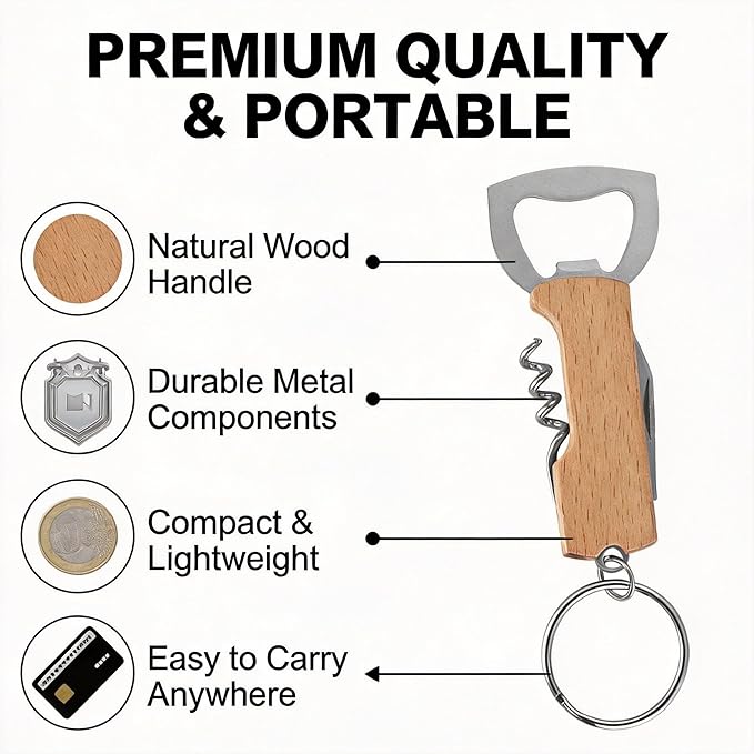 3-in-1 Bottle Opener Keychain (3 Pack), Wooden Handle Corkscrew, Foil Cutter & Beer Opener, Portable Key Ring Bar Tool for Home, Camping, Travel & Outdoor Use