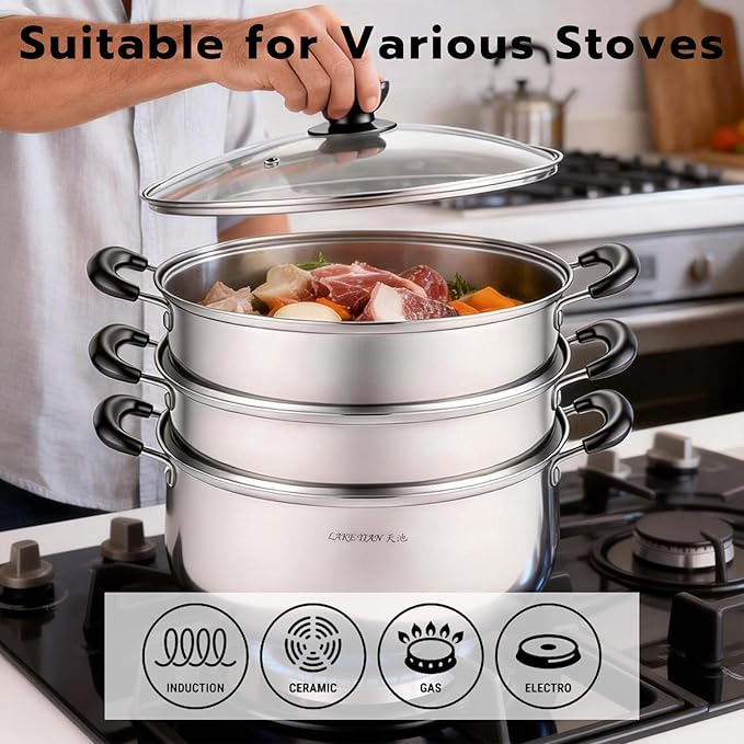 3-Tier 24 Qt Stainless Steel Steamer Pot with Glass Lid – Multi-Layer Stackable Cookware for Tamales, Vegetables & Seafood – Includes 2 Steamer Trays & Base Pot(30cm/11.8Inch)
