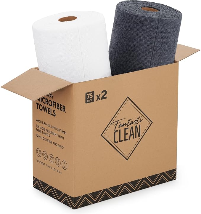 Fantasticlean Microfiber Cleaning Cloth Roll -150 Pack, Tear Away Microfiber Towels, 12" x 12", Reusable, Washable, Ultra Absorbent Dishcloth for Car, Home Supplies, Pet, Kitchen (White & Dimgrey)