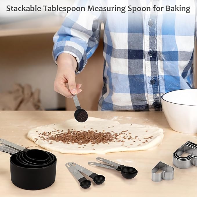 Accmor Measuring Cups & Spoons Set, 10 Pack Plastic Cooking Baking Tools With 5 Pack Stainless Steel Cookie Cutters, Stackable Kitchen Gadgets Nesting Measure Cups Handle for Dry Liquid Ingredients