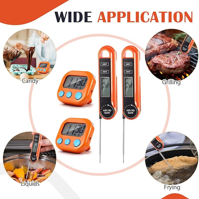 Kingdder 12 Pcs/ 6 Sets Meat Thermometer Digital with Magnetic Kitchen Timer Kit, Fast Instant Read & Waterproof & Foldable Food Thermometer & Kitchen Timer Bulk for Cooking, Grilling, Candy, BBQ