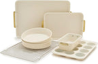 GreenPan Bakeware Set, 7 Piece Nonstick Ceramic Gold Handle Baking Sheets, Cake Pans, Loaf Pan, Muffin Tin, Cooling Rack, PFAS & BPA Free, Freezer to Oven Dish, Bake & Roast Ovenware, Cream