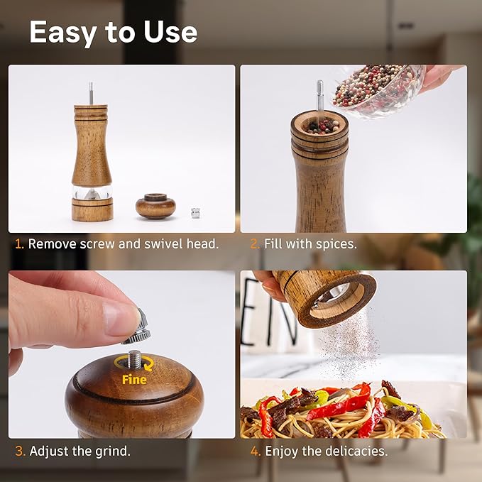Wooden Salt and Pepper Grinder Set, Premium Oak Wood Salt Grinders Shakers, Pepper Mill with Acrylic Clear Window, Adjustable Ceramic Grinder (6″ - 2 Packs with Tray)
