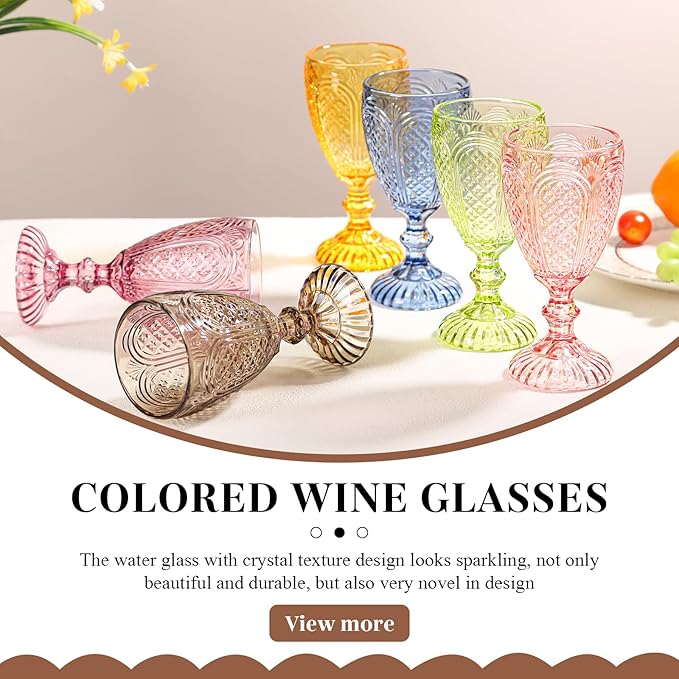 Colored Vintage Wine Glasses Set of 6 – 10.5 Ounces Colored Glass Water Goblets, drinking glasses for Mothers Day, Wedding, Holiday, or Fancy Glassware for everyday
