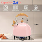 Tea Kettle,Whistling Tea Kettle Stovetop 2.6 Quart, Tea Pots for Stove Top Food Grade Stainless Steel,Wood Pattern Handle(Pink),With Anti Scald Towel