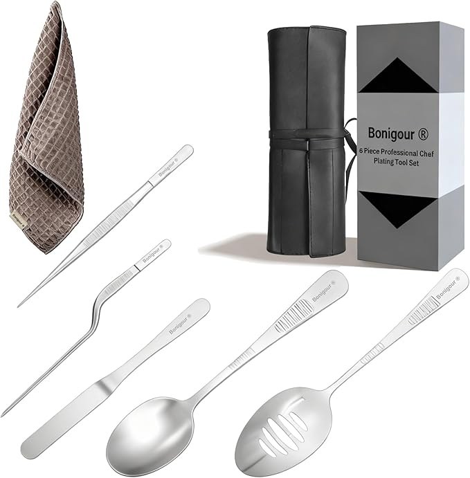 Plating Tool Culinary Set, 6 Piece Professional Chef Plating Tools Kit, Chef Plating Utensils, Spatula, Tweezers for Modernist Cuisine Food Art, Black, Cooking Utensils (Silver)