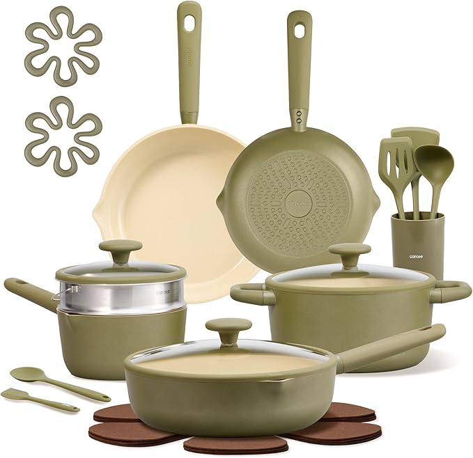 CAROTE 21pcs Cookware Set Nonstick Pots and Pans Set, Ceramic Cookware Set Induction Cookware, Non toxic Healthy Non Stick Kitchen Cooking Set, PFAS PTFE Free