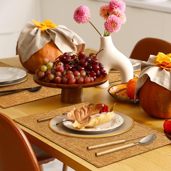 Homaxy Cloths Placemats for Dining Table Set of 8, Heat Resistant Washable Cotton Linen Blend Table Mats, Ideal for Kitchen Party Dining Decoration, 13" x 19", Amber