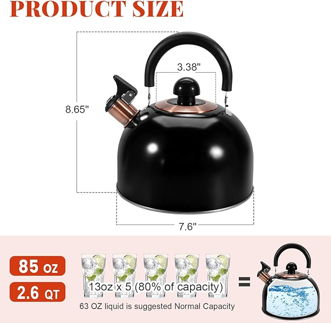 GGC 2.6QT Tea Kettle for Stove Tops, Whistling Tea Kettles for Boiling Water Coffee or Milk, Black Stainless Steel Tea Pots with Folding Handle, Thumb Design Control Kettle Outlet