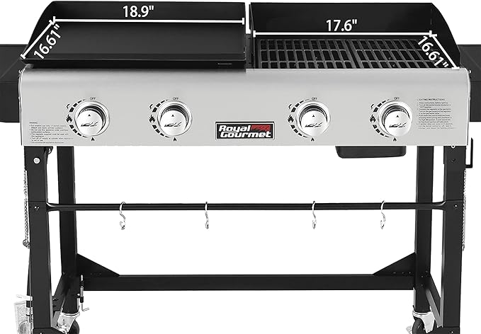 Royal Gourmet GD401 Portable Propane Gas Grill and Griddle Combo with Side Table | 4-Burner, Folding Legs,Versatile, Outdoor | Black 66 Inch