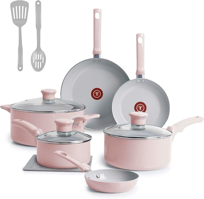 T-Fal Refresh Ceramic Nonstick Cookware Set, 12-Piece Ceramic Pots and Pans Set, Oven Safe to 350°F, Includes Stockpot, Griddle, Frying Pans, & Utensils, Dusty Rose