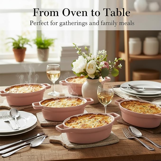 Oval Au Gratin Baking Dishes 6" x 5" for Oven Safe Cooking and Baking, Set of 4, 15 OZ Heat Resistant Ceramic Individual Gratin with Handles for Serving, Small Mini Casserole Dish, Pink