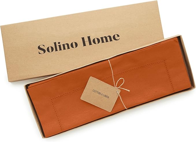 Solino Home Cotton Linen Placemats Set of 4 - Hemstitch Cinnamon Placemats 14 x 19 Inch - Machine Washable Table Mats